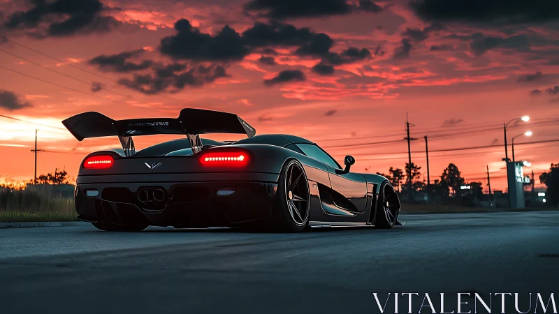 Low black supercar sits on urban road under vivid sunset sky