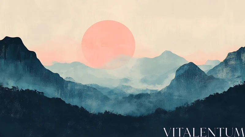 Soft pastel sun rises over layered misty blue mountains.