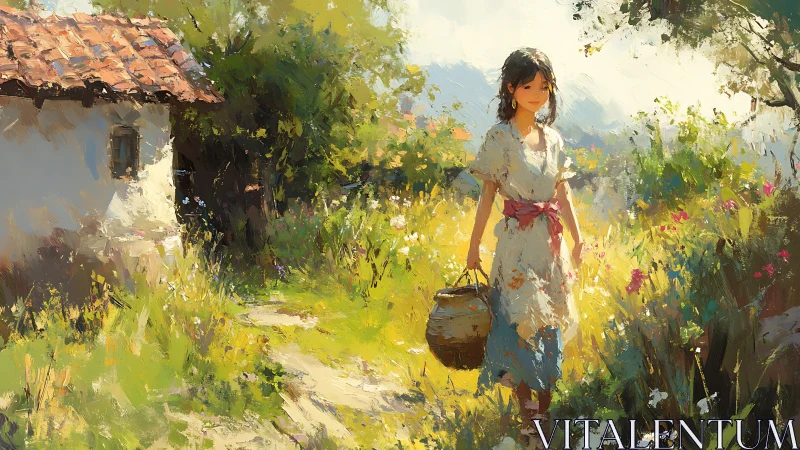 Sunlit village girl walking through impressionist garden path.