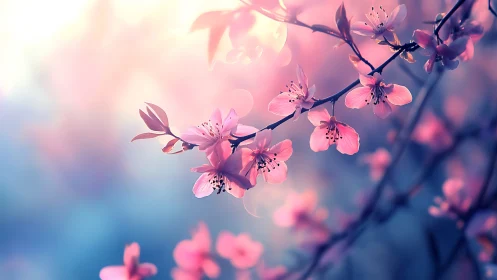 Pink Blossoms on Branch Against Soft Background.