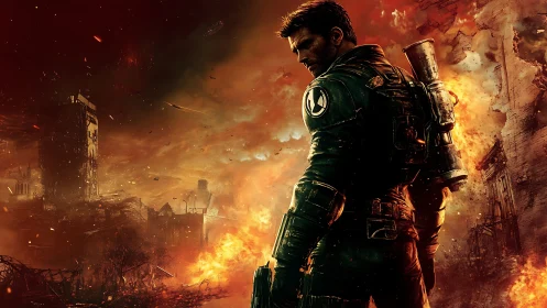 Armored lone soldier surveys burning postwar city ruins.