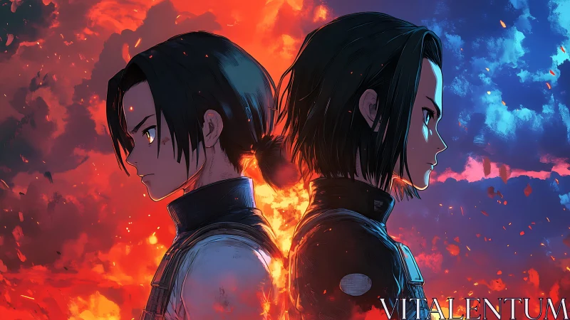 Dual anime warriors stand back to back amid fire and storm