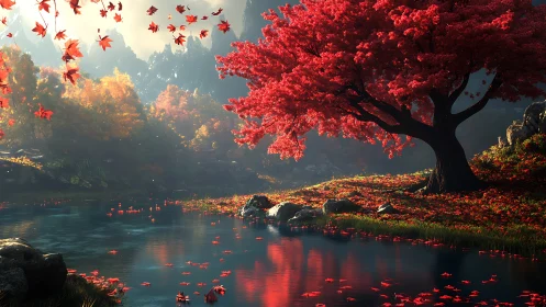 Crimson dreamtree leaning over a whispering autumn river.