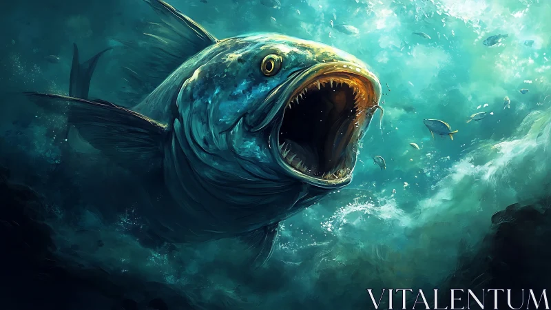 Ferocious deep sea predator lunging through teal currents.