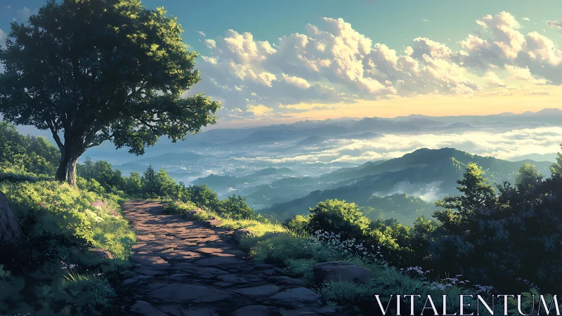 Stone path above valley under soft sunrise clouds.