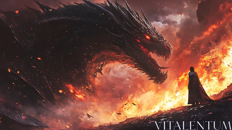 Enormous fire dragon confronts lone cloaked warrior amid inferno