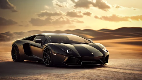 Sleek black supercar glides across sunlit desert sands.
