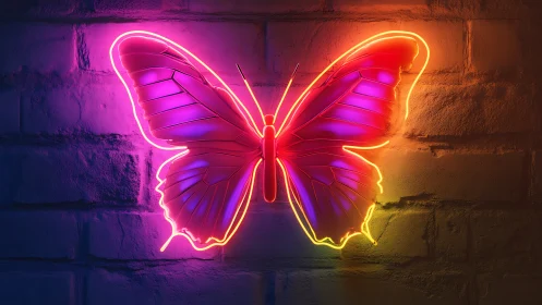 Neon butterfly light sign against colorful brick wall.