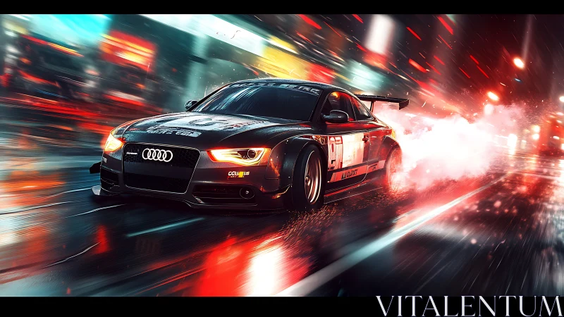 Cyberpunk drift racer in neon-soaked urban nightscape panorama.