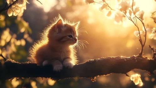 Orange kitten sits on tree branch in warm backlight glow