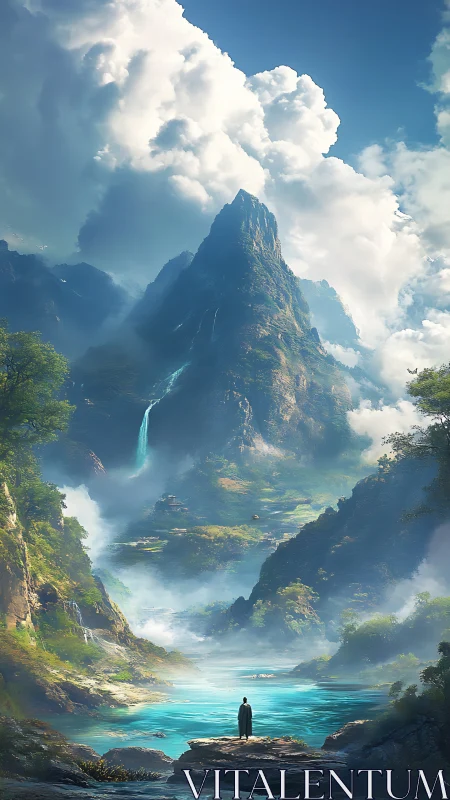 Solitary figure surveys towering misty mountain valley
