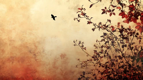 Autumn Silhouette with Flying Bird and Warm Vintage Texture.