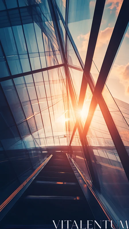 Escalator ascent toward glowing sunset in glass atrium.