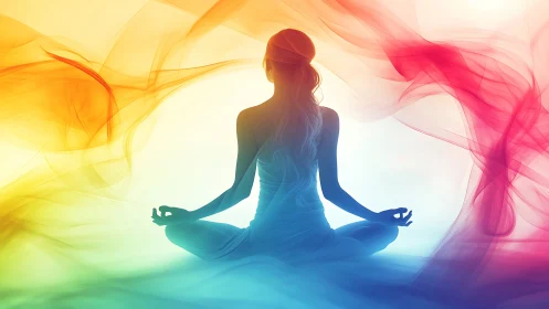 Backlit meditative silhouette enveloped in gradient chromatic mist