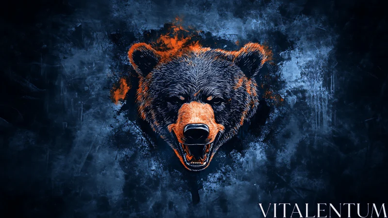 Ember-jawed bear erupting from stormy midnight canvas.