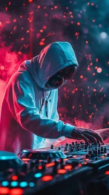 Hooded DJ manipulates neon-lit mixer in cinematic cyberclub