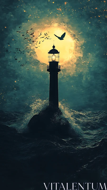 Lighthouse silhouette against lunar halo and turbulent sea surge.