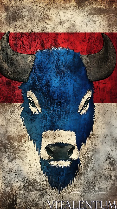 Grunge digital bison portrait over bold tricolor stripe flag.