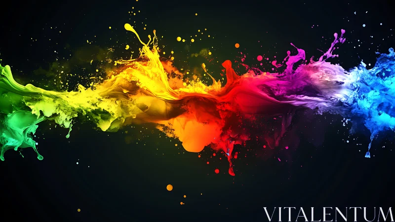 Vibrant rainbow paint splash across a dark background.