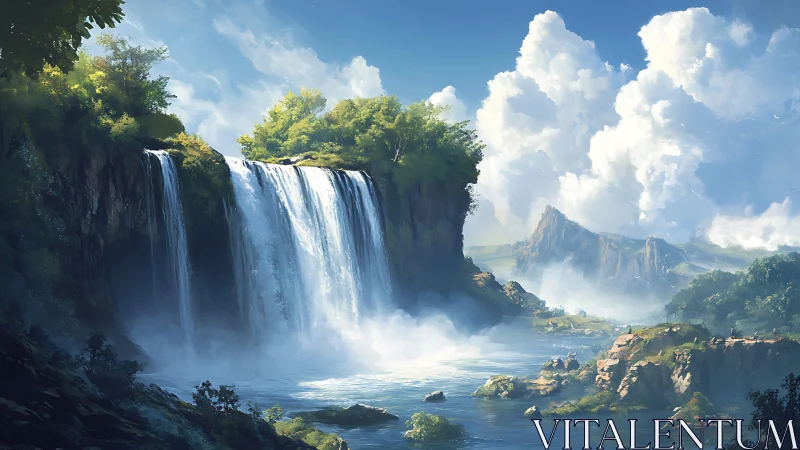Cascading Waterfall in Mountainous Landscape. Digital painting.