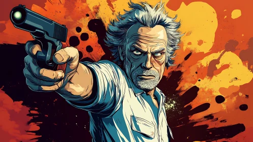 Grizzled gunman aiming pistol over bold orange backdrop.