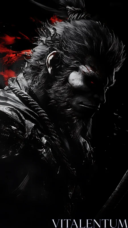 Digital profile of dark warrior with red accent lighting.