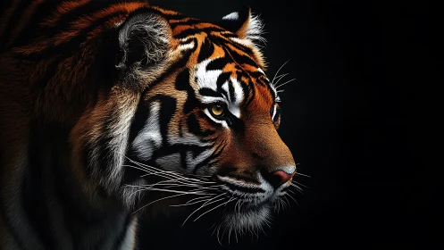 Tiger close-up profile against black background in low light.