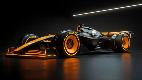 Futuristic single seater race car with neon orange trim in studio