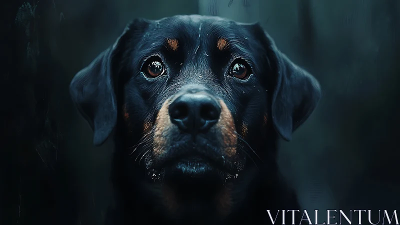 Rottweiler portrait captures reflective gaze in moody light