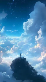 Lone figure on rocky peak under vast bright sky.