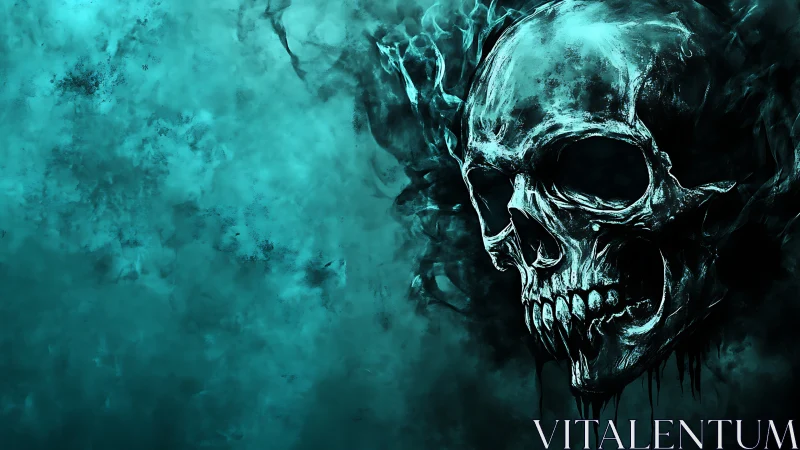 Teal smoke skull illustration with dark atmospheric background.