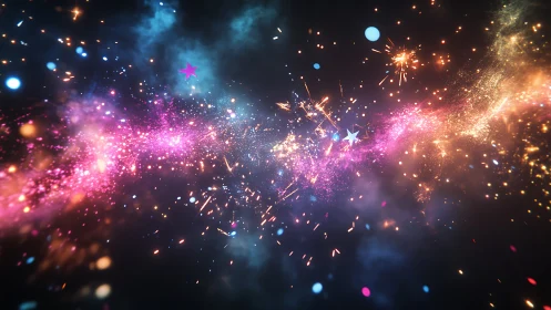 Neon cosmic stream with glitter sparks and stars.