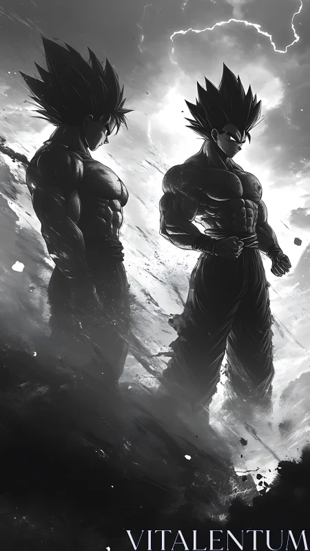 Two muscular figures stand in monochrome, backlit by clouds