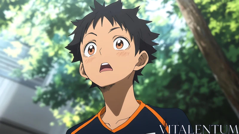 Anime boy in sports jersey under trees, upward gaze focus.