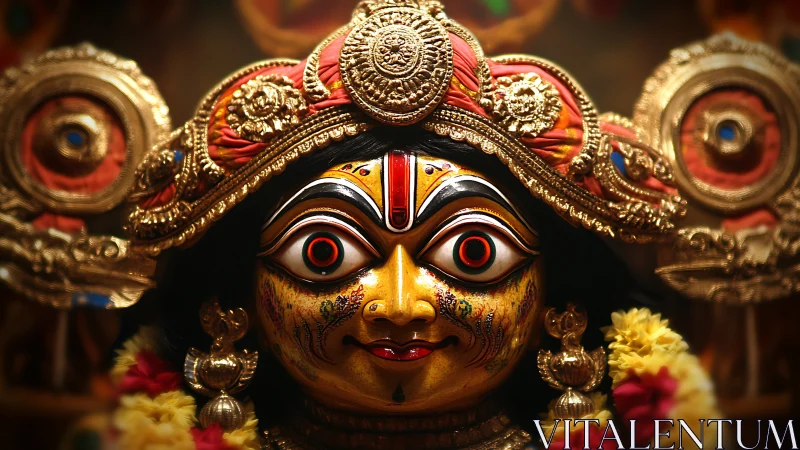 Vibrant Hindu goddess mask glows amid ornate golden ornaments