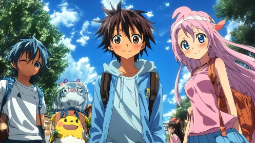 Summer sky squad of anime friends strolling to new adventures.