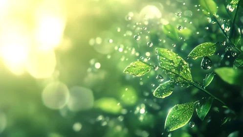 Sunlit dew-kissed leaves sparkling in a gentle morning glow.