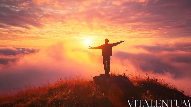 Silhouette on mountain greets a radiant, fiery sunrise sky