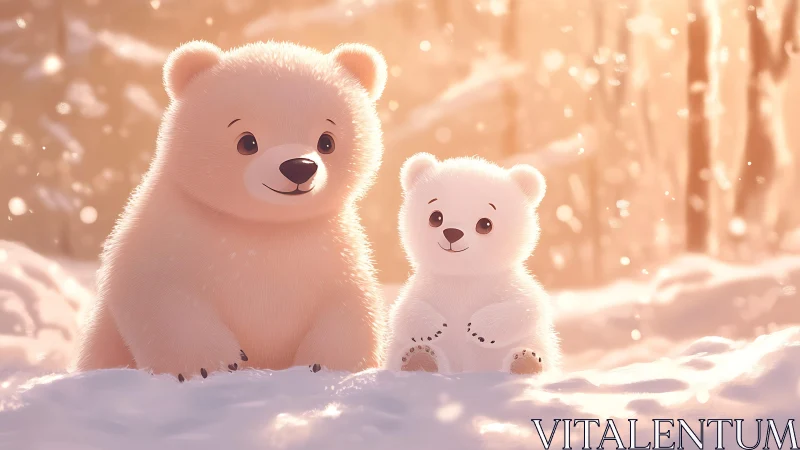 Two stylized polar bear cubs in sunlit winter environment.