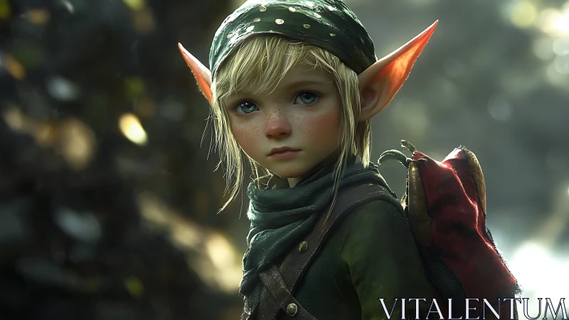 Forest elf child in soft bokeh light with travel gear.