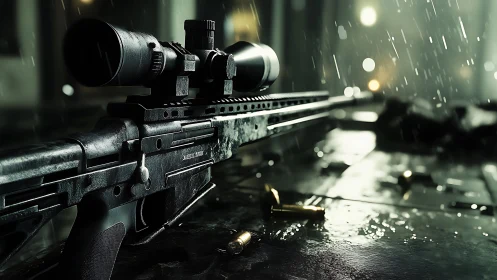 Tactical Rifle with Scope in Atmospheric Combat Setting.