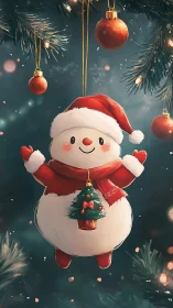 Cheerful snowman ornament in glowing festive bokeh scene.