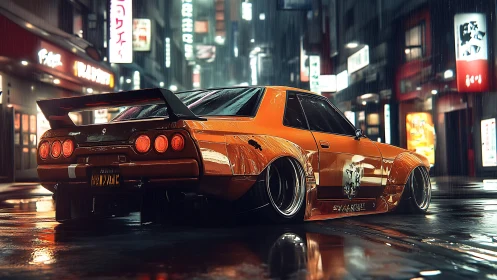 Cyberpunk widebody street racer in neon drenched alleyway.