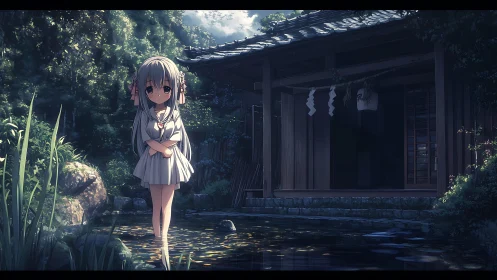 Soft backlit anime shrine scene with reflective pond lighting