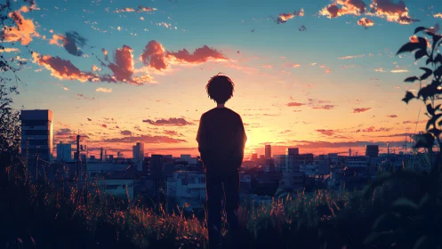 Quiet sunset moment with a lone dreamer above the city.