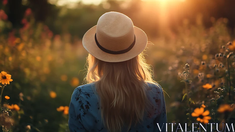 Backlit straw-hatted figure in shallow-depth floral field study.