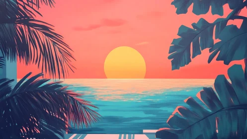 Digital sunset seascape with silhouetted tropical foliage framing.