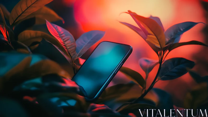 Smartphone Nestled Among Neon-Lit Foliage.