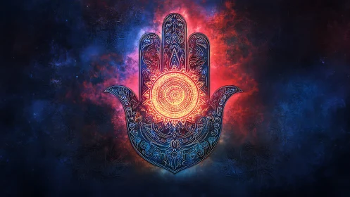 Radiant cosmic Hamsa hand glows with intricate mandala.