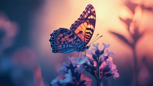 Luminous butterfly rests on blossoms at dreamy sunset glow.